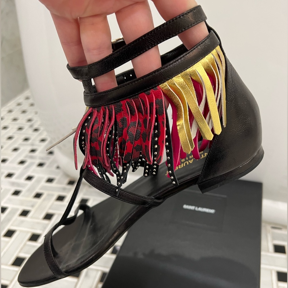 Saint Laurent Gladiator Sandals with Leather fringe - multi color - NWOT - 39.5.